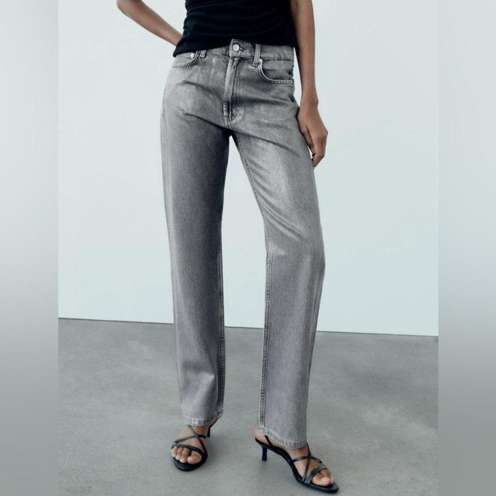 NWOT Zara High Rise Straight Leg Foil Jeans Metallic Gray Silver Womens US 10